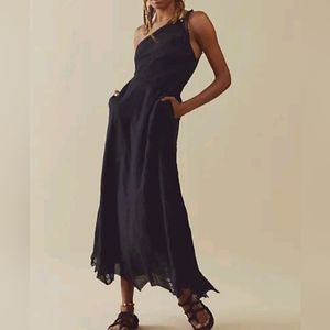 Free People Bella Black One Shoulder Embroidered Cotton Maxi Dress Size S NWOT